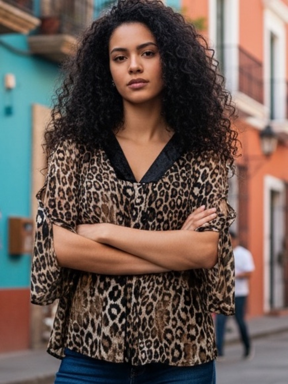 Cocomo Leopard print cutout sleeve blouse l